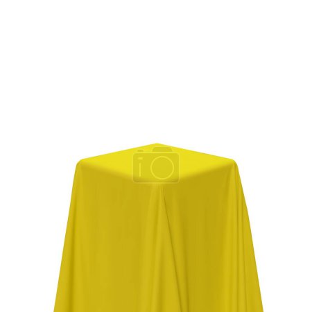 Téléchargez les illustrations : Tissu jaune recouvrant un cube ou une forme rectangulaire, isolé sur fond blanc. Peut être utilisé comme support pour l'affichage de produits, table drapée. Illustration vectorielle - en licence libre de droit