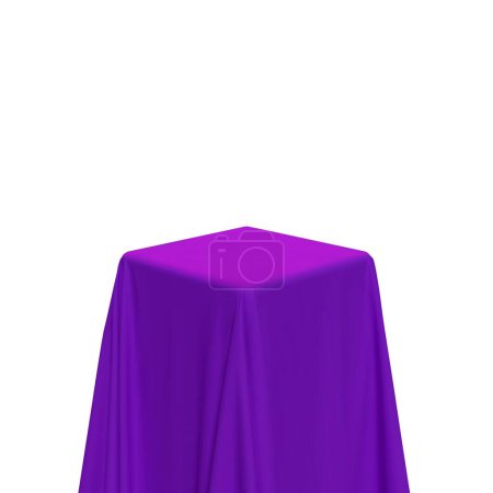 Téléchargez les illustrations : Purple fabric covering a cube or rectangular shape, isolated on white background. Can be used as a stand for product display, draped table. Vector illustration - en licence libre de droit