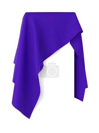 Illustration for Purple fabric covering a blank template for mobile phone, painting, or any other rectangular object or your design. Concept of new release, unveiling. Vector illustration, isolated on white - Royalty Free Image