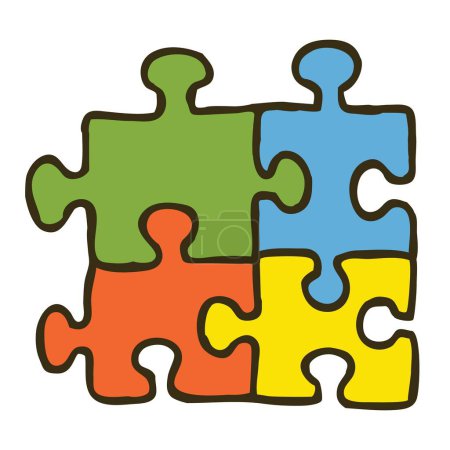 Doodle colorful puzzle pieces put together. Outline vector illustration isolated on white background