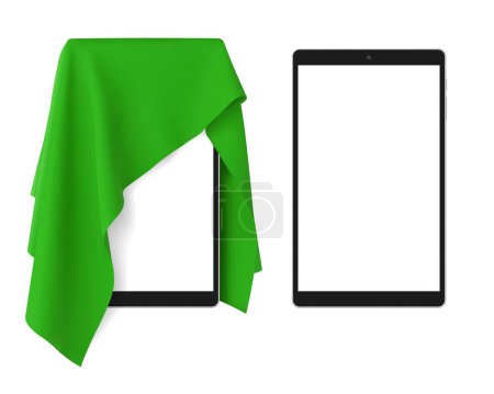 Téléchargez les illustrations : Tissu vert couvrant un gadget tablette portable vierge, et une tablette. Concept de nouvelle version, dévoilement, présentation de la technologie de nouvelle génération, illustration vectorielle, isolé sur blanc - en licence libre de droit