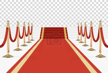 Ilustración de Alfombra roja con escaleras, podio, cuerdas rojas y anclajes dorados. Ilustración vectorial. - Imagen libre de derechos