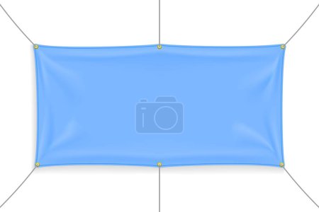 Baby blue fabric banner with folds and vector shadow isolated on white background. Blank hanging textile template. Empty mockup. Vector illustration