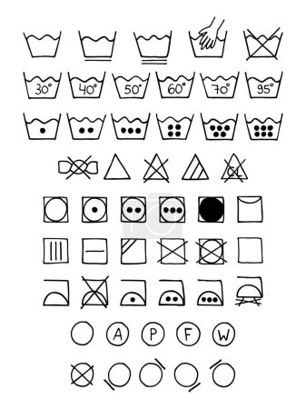 Doodle símbolos de lavandería. Iconos dibujados a mano para lavar garabatos. Instrucciones de mantenimiento de la ropa y la tela. Elementos de diseño gráfico - secadora, lavado a mano y a máquina, limpieza en seco, ilustración vectorial