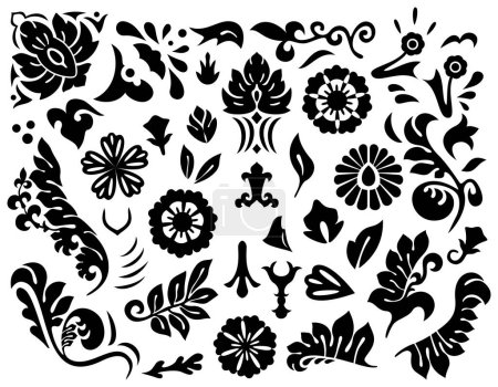 Illustration for Set of elegant elaborated floral elements with plants, acanthus leaves and various shapes for graphic design, surface patterns, frames, borders, various decorative prettifications and embellishments. - Royalty Free Image