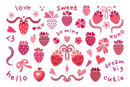 Téléchargez les illustrations : Strawberry set. Valentines Day lovecore aesthetic romantic trend. Isolated plaid and polka dots strawberries, classic pink and red hearts, flowers, ribbons. Text: love, xoxo, be mine, dream big, sweet, cutie, hello. - en licence libre de droit
