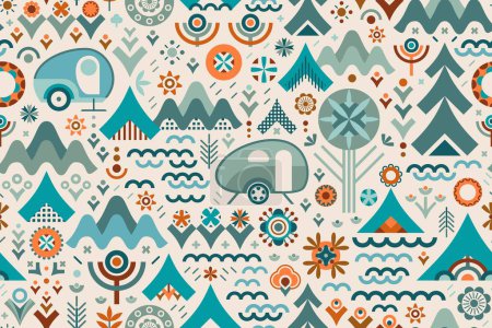 Design celebrates outdoors adventure, representing plants, flowers, woodland, forest, mountains, trees, camping tents, vintage travel trailers and water in V-shapes and other earthy shades stylized geometrics.