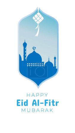Illustration for Eid al fitr greeting with mosque and ketupat in vertical format for social media status or story. May Allah accept from us and from you. - Royalty Free Image