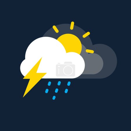 Ilustración de Nubes de lluvia con luz solar e icono del trueno. Lluvia de lluvia. Clima, concepto de internet. Símbolo de lluvia vectorial de moda para el diseño del sitio web, botón web, aplicación móvil. - Imagen libre de derechos