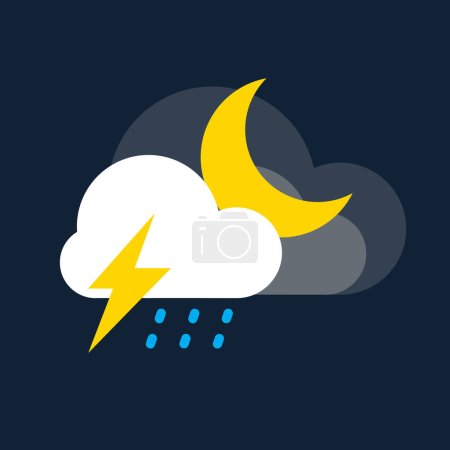 Ilustración de Nubes de lluvia con luz de luna e icono del trueno. Clima, concepto de internet. Símbolo de lluvia vectorial de moda para el diseño del sitio web, botón web, aplicación móvil. - Imagen libre de derechos