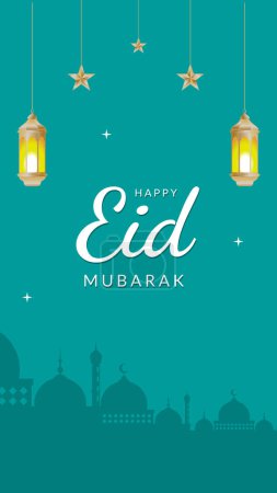 Eid al fitr greeting in vertical format with modque an lanterns for social media status or story or any design. in english is translated: May Allah accept from us and from you.