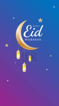 Eid al fitr greeting in vertical format with gold moon an lanterns for social media status or story or any design. in english is translated: May Allah accept from us and from you.