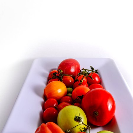 Photo for Above view of a white tray of red and green fresh picked variety of tomatoes.with sections of vines attached. - Royalty Free Image