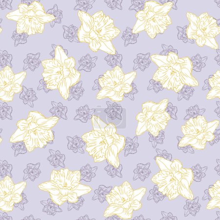 Téléchargez les illustrations : Printemps narcisse fleur motif sans couture jaune et violet fond coloré - en licence libre de droit