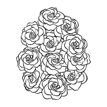 Line art spring roses flower Easter egg, hand drawn floral elements. Vector illustrations for card or invitations, coloring book.