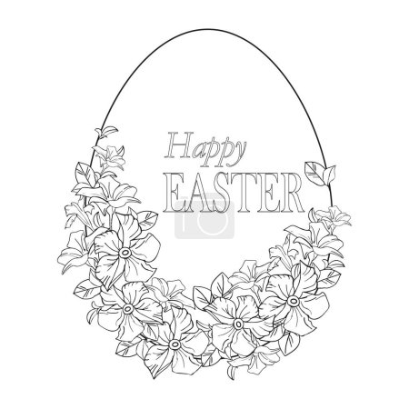 Line art spring flower Easter egg, hand drawn floral elements for Valentines day. Vector illustrations for card or invitations, coloring book.