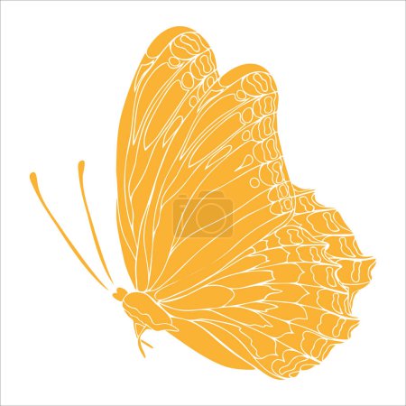 Mariposa silueta amarilla ilustración de arte. Mariposa insecto para pegatinas, tatuaje, silueta, álbum de recortes. Un hermoso animal alado. Ilustración dibujada a mano vectorial, aislada sobre fondo blanco.