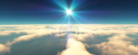 Foto de Volar por encima de las nubes puesta del sol paisaje. ilustración de renderizado 3d - Imagen libre de derechos