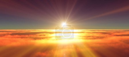 Téléchargez les photos : Au-dessus des nuages voler coucher de soleil rayon de soleil illustration, rendu 3d - en image libre de droit
