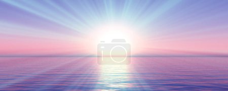 Téléchargez les photos : Coucher de soleil mer soleil rayon ciel clair, illustration de rendu 3d - en image libre de droit