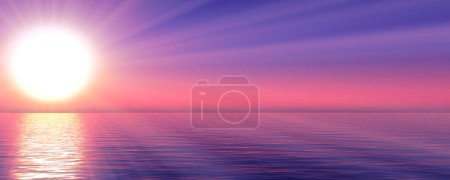 Sunset sea sun ray clear sky, 3d rendering illustration
