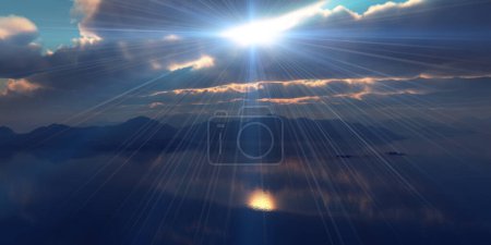 Téléchargez les photos : Au-dessus des îles au coucher du soleil, illustration rendu 3d - en image libre de droit