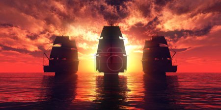 Photo for Old three ships sunset at sea, 3d rendering illustration - Royalty Free Image