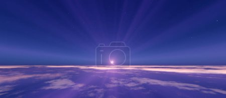 Téléchargez les photos : Lever de soleil terrestre depuis l'espace au-dessus d'un océan nuageux. Illustration de rendu 3d - en image libre de droit