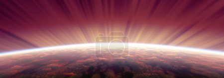 Téléchargez les photos : Lever de soleil depuis l'espace aurore, illustration de rendu 3d - en image libre de droit