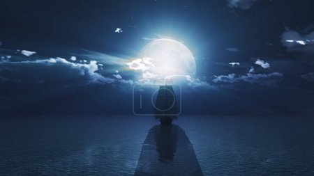 Téléchargez les photos : Vieux navire dans la nuit pleine lune 3d rendre illustration - en image libre de droit