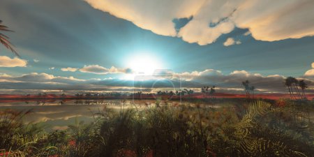 Téléchargez les photos : Oasis coucher de soleil paysage fond 3d rendre illustration - en image libre de droit