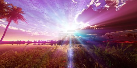 Téléchargez les photos : Oasis coucher de soleil paysage fond 3d rendre illustration - en image libre de droit