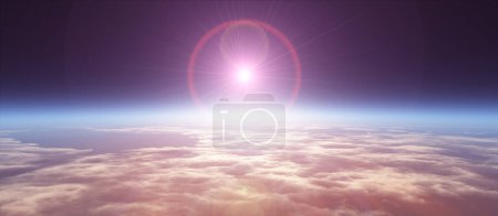 Téléchargez les photos : Lever de soleil terrestre depuis l'espace au-dessus d'un océan nuageux. Illustration de rendu 3d - en image libre de droit