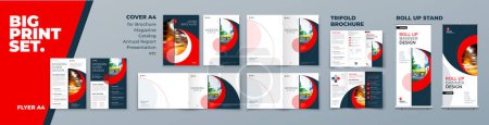 Illustration for Business Brochure Cover Flyer Tri Fold Annual Report Catalog Roll Up Banner Corporate Identity Print Template Set with Red Branding design Business Stationery background design collection. Vector. - Royalty Free Image