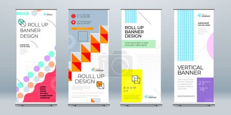Illustration for Business Roll Up Banner Set Abstract Roll up background for Presentation. Vertical rollup, x-stand, exhibition display, Retractable banner stand or flag design layout for conference, forum - Royalty Free Image