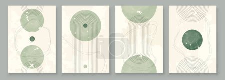 Illustration for Green Boho Wall Art Set, 3 or 4 Pieces of Posters Abstract Boho Rainbow Prints Boho Artwork Mid Century Modern Neutral Green Wall Decor. - Royalty Free Image