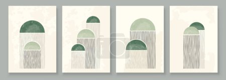 Illustration for Green Boho Wall Art Set, 3 or 4 Pieces of Posters Abstract Boho Rainbow Prints Boho Artwork Mid Century Modern Neutral Green Wall Decor. - Royalty Free Image