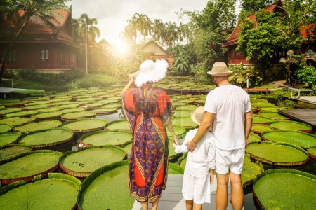 Téléchargez les photos : Vue arrière de la famille voyageant regardant un bel étang avec des fleurs de lotus géantes. Île tropicale. L'été. Style de vie des gens réels. - en image libre de droit