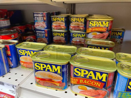 Foto de Grovetown, Ga USA - 10 12 22: tienda de comestibles spam en una variedad de latas - Imagen libre de derechos