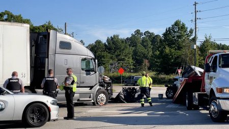 Photo for Augusta, Ga USA - 09 23 2021: Semi truck and pickup truck collision car wreck and Police officers on scene on Highway 1 - Royalty Free Image