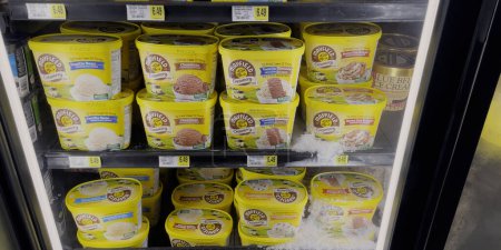 Téléchargez les photos : Hephzibah, Ga États-Unis - 06 15 23 : KJs grocery store interior freezer door Mayfield ice cream and prices - en image libre de droit