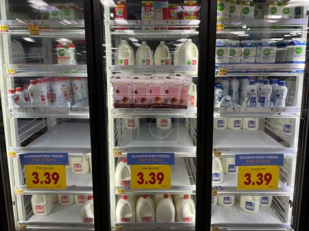 Téléchargez les photos : Grovetown, Ga États-Unis 05 13 22 : Panneaux de prix intérieur du lait Walmart 3,39 gallons - en image libre de droit