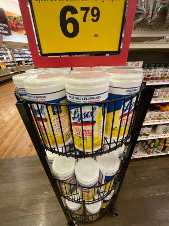Photo for Grovetown, Ga USA - 04 23 22: Food Lion grocery store Lysol sanitizer cloths canister - Royalty Free Image
