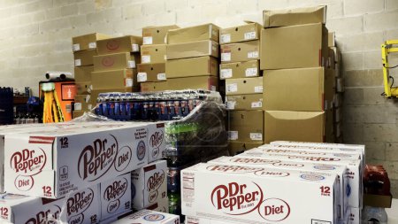 Photo for Grovetown, Ga USA - 02 01 22: Food Lion Grocery store Dr Pepper diet soda12 packs in a warehouse - Royalty Free Image
