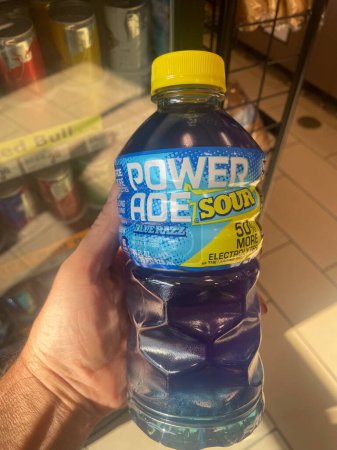 Photo for Lakeland Fla, USA - 05 18 24: Limited edition Powerade sports drink Sour Blue Razz - Royalty Free Image