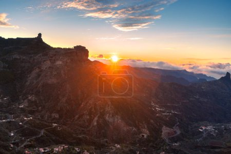 View of Roque Nublo in the top of Gran Canaria at sunset. Canary Islands
