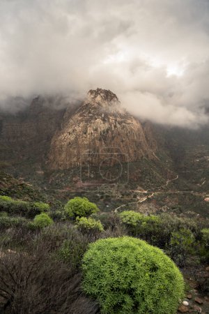 Vertikale Komposition. Tirajana Berge bedeckt von niedrigen Gewitterwolken im Hintergrund. Gran Canaria. Kanarische Inseln