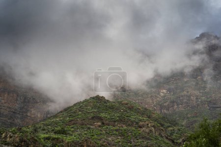 Tirajana mountains covered by low storm clouds in the background. Gran Canaria. Canary Islands