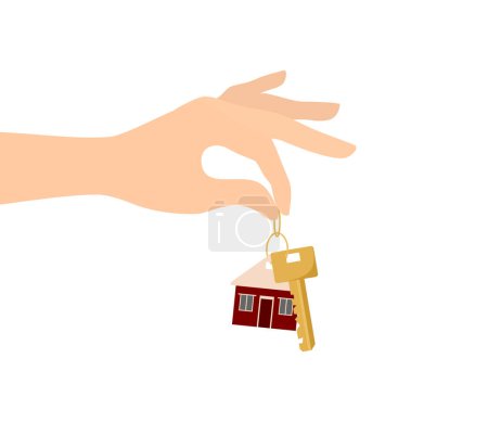 Ilustración de Una mano sosteniendo una llave dorada y un llavero de la casa. Ilustración vectorial plana aislada sobre fondo blanco - Imagen libre de derechos