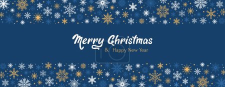 Photo for Merry Christmas and Happy New Year holiday banner. Greeting card with a text and a frame of snowflakes on a blue background. Flat vector illustration - Royalty Free Image